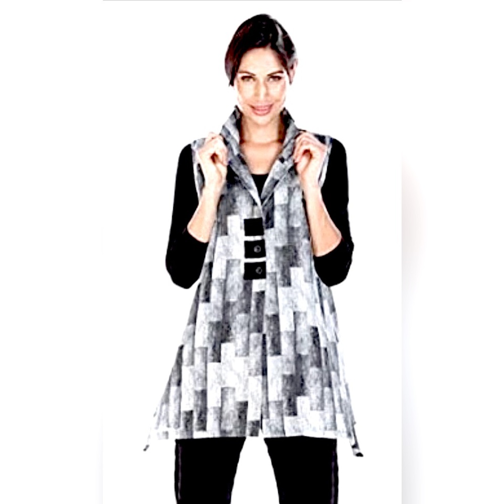 Terra SJ Apparel Wired Collar Abstract Mosaic Lagenlook Button Front Tunic Vest